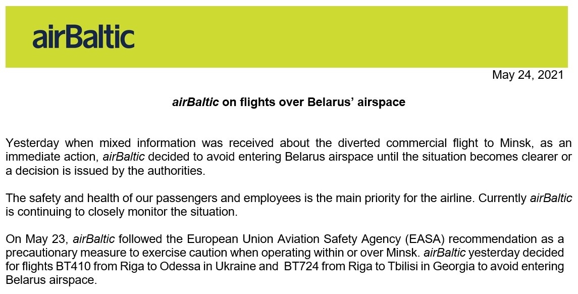 AirBaltic, Belarus hava sahası üzerinden gerçekleştirdiği uçuşlarını askıya aldı