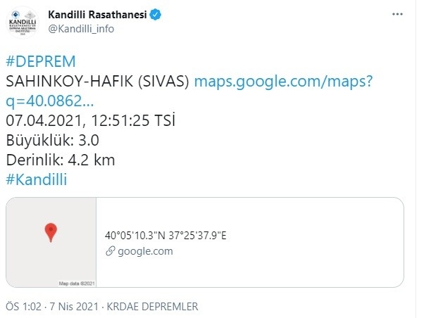 Sivas’ta 3.0 büyüklüğünde deprem meydana geldi