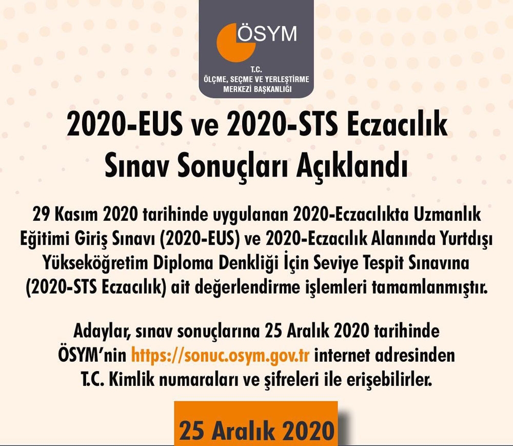 2020-EUS ve 2020-STS Eczacılık sınav sonuçları açıklandı