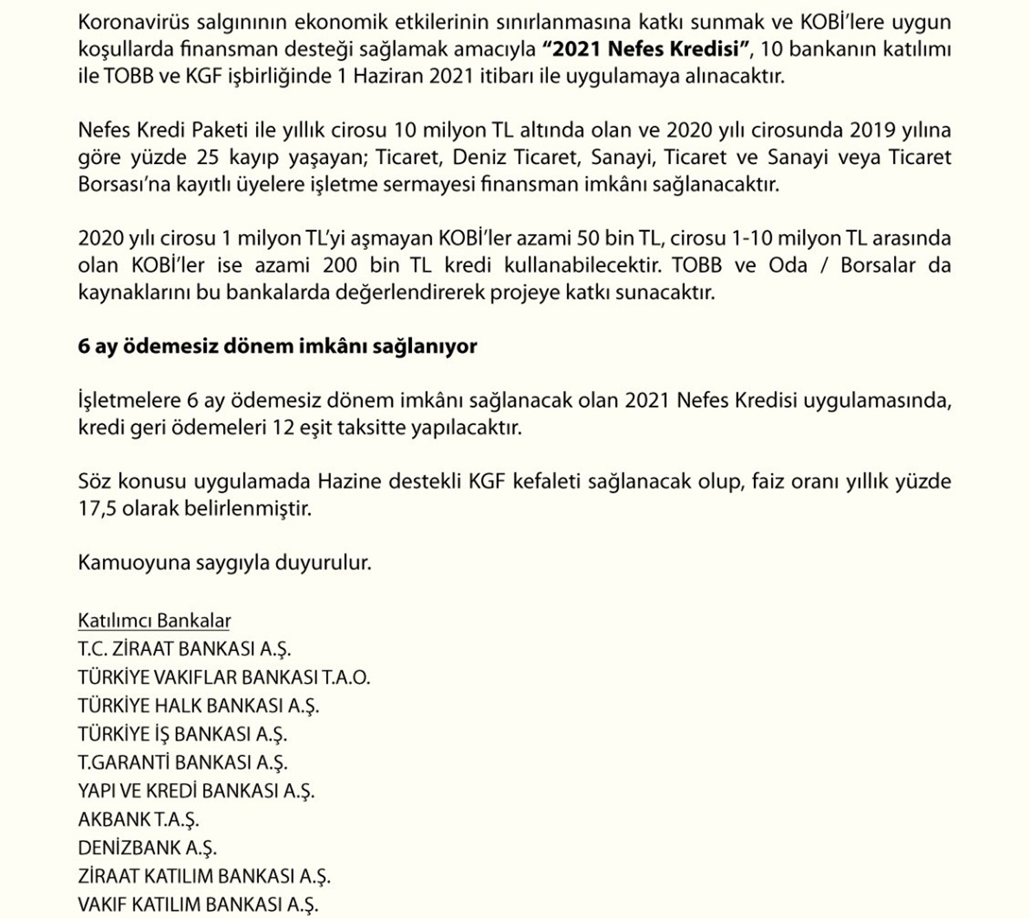 2021 Nefes Kredisi’nin 1 Haziran’da uygulamaya alınacak