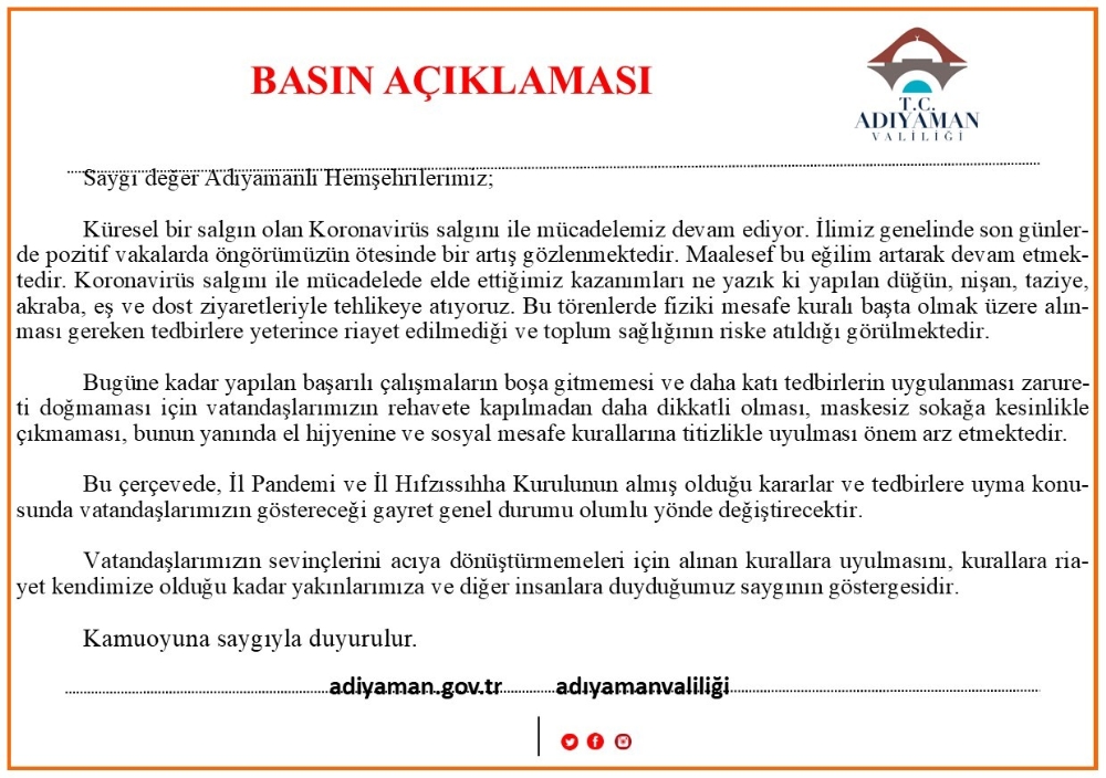 Adıyaman Valiliğinden korona virüs uyarısı