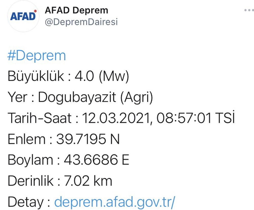 Ağrı’da 4 büyüklüğünde deprem