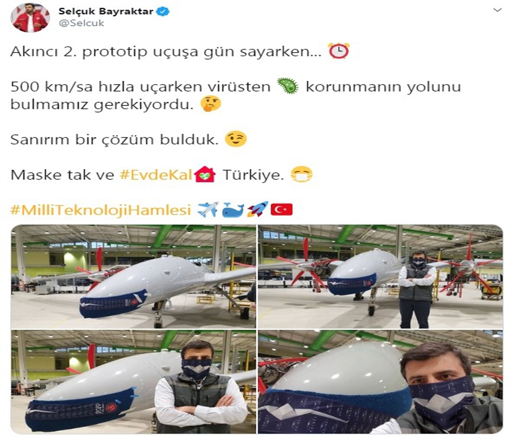 Akıncı 2. prototipe maske takan Selçuk Bayraktar’dan ‘evde kal’ çağrısı