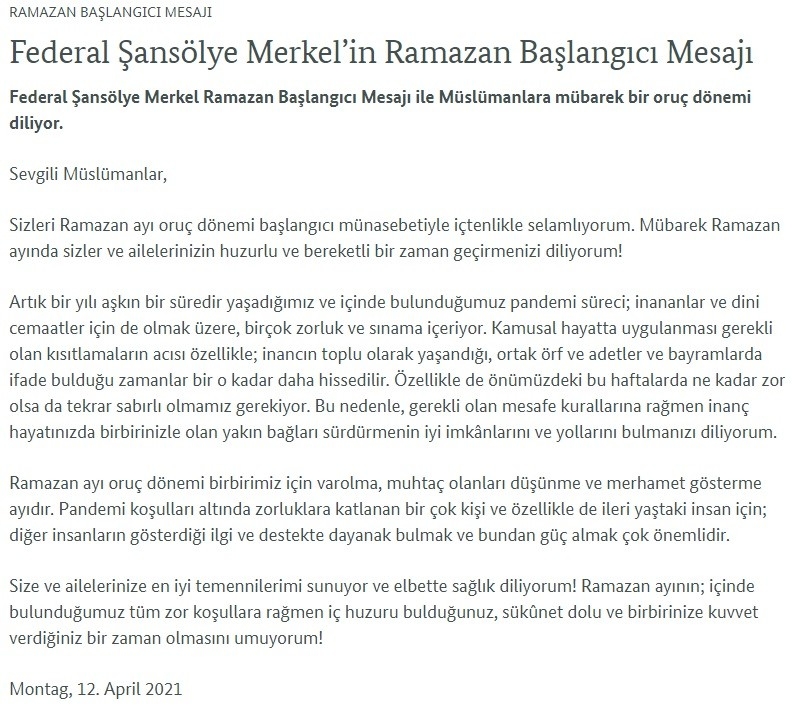 Almanya Başbakanı Merkel’den Türkçe Ramazan mesajı