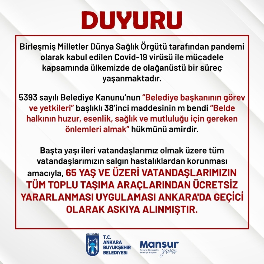 Ankara’da 65 yaş üstü ulaşım kartları iptal edildi
