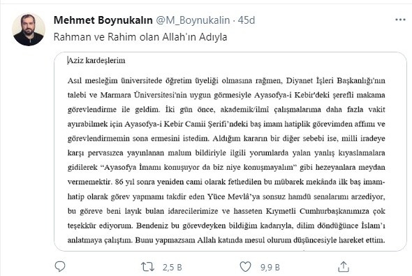 Ayasofya Camii imamından istifa açıklaması