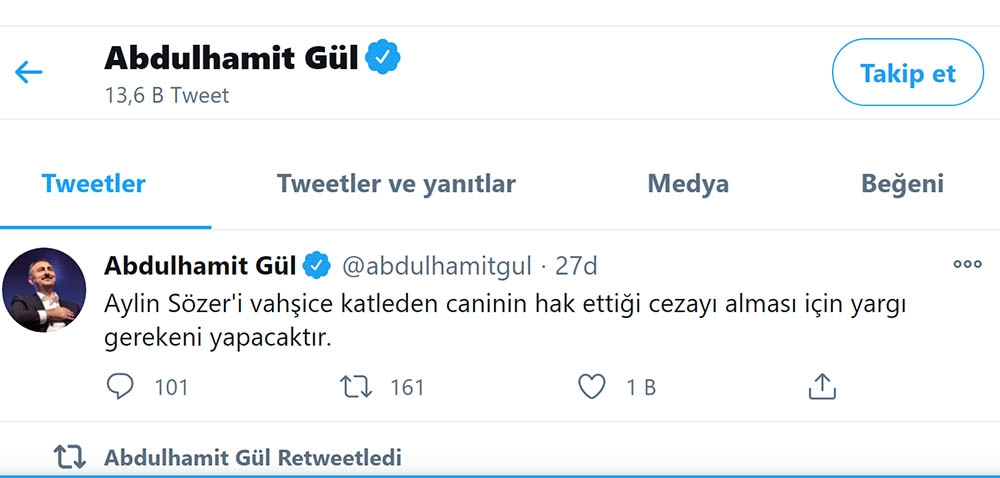 Bakan Gül’den Aylin Sözer paylaşımı: 