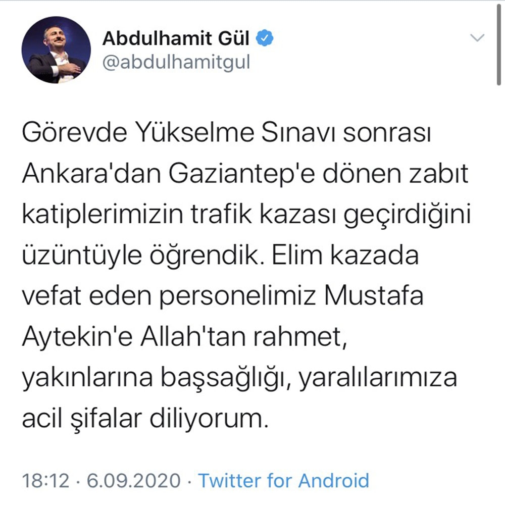 Bakan Gül’den trafik kazasında hayatını kaybeden zabıt katibi için başsağlığı mesajı