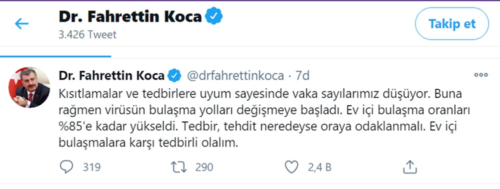 Bakan Koca’dan ev içi bulaşmalara karşı tedbir uyarısı