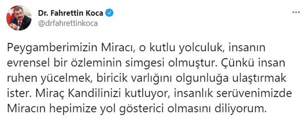 Bakan Koca’dan Miraç Kandili mesajı