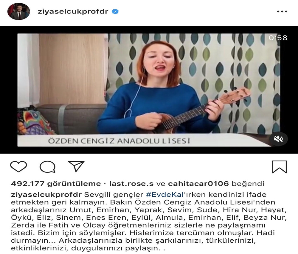 Bakan Selçuk liseli öğrencilerin ‘EvdeKal’ şarkısını paylaşarak destek oldu