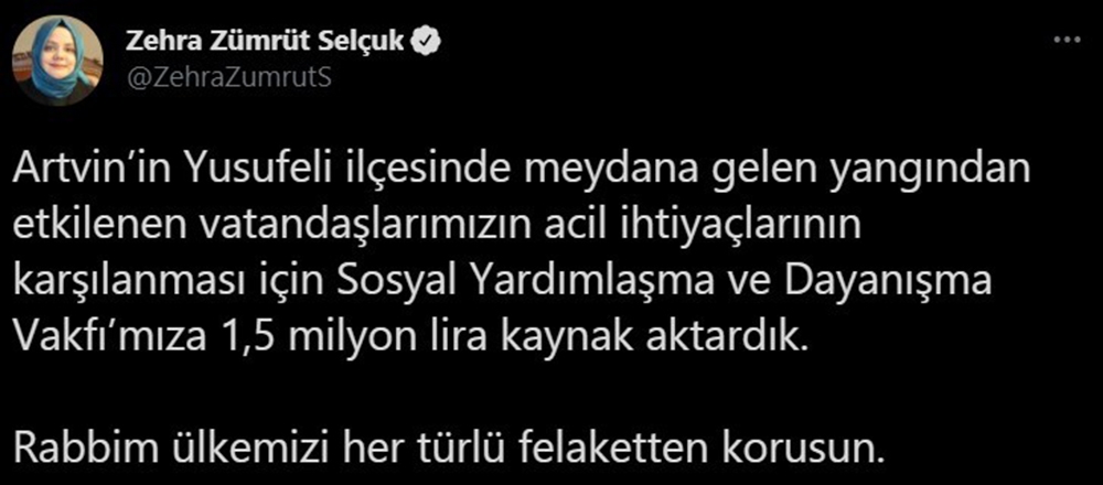 Bakan Selçuk’tan Artvin’deki yangında vatandaşlara destek açıklaması