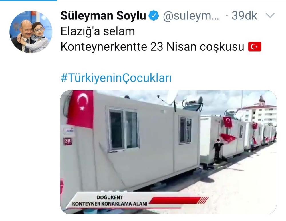 Bakan Soylu’dan Konteyner kentte 23 Nisan coşkusu paylaşımı
