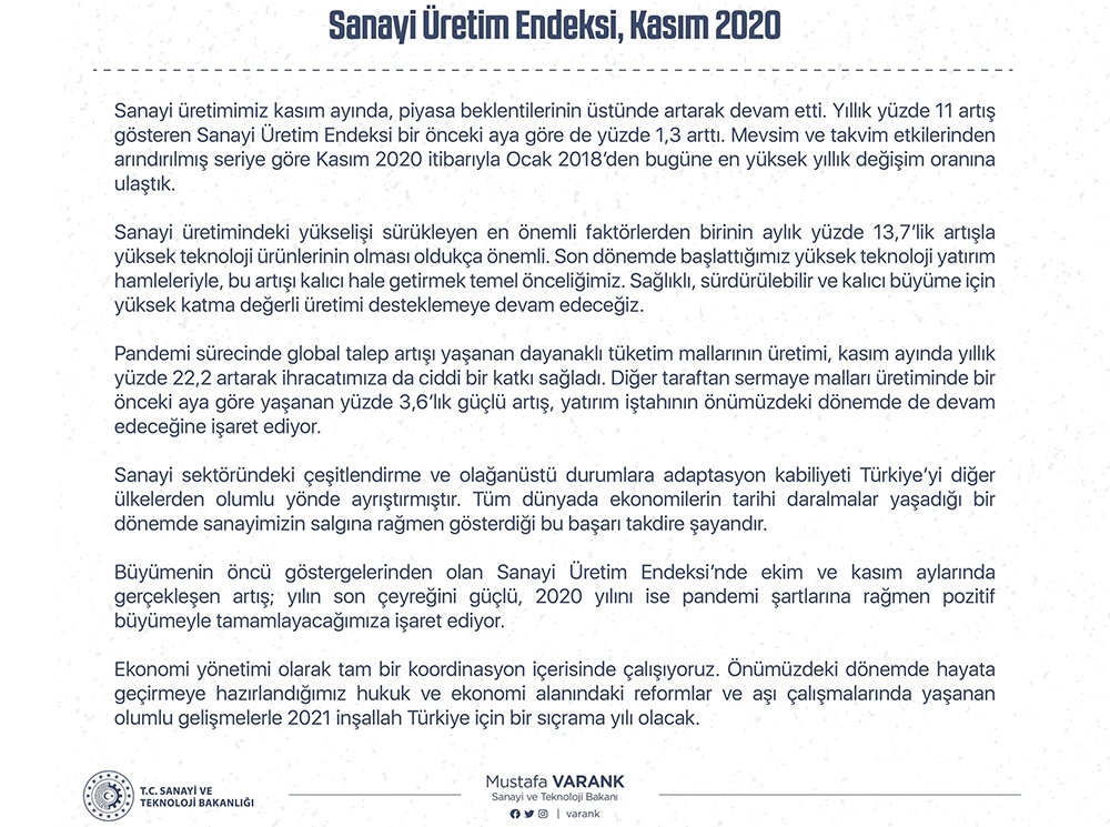 Bakan Varank’tan sanayi üretimi açıklaması