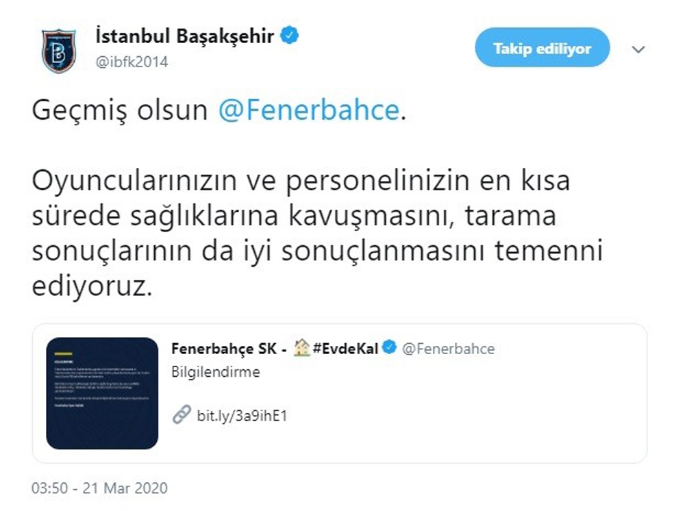 Başakşehir’den Fenerbahçe’ye geçmiş olsun mesajı