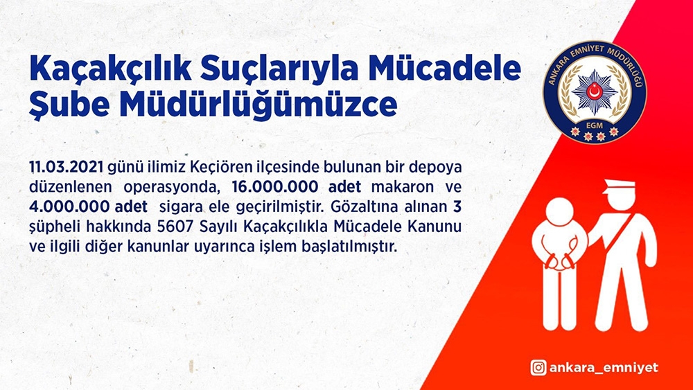 Başkent’teki kaçakçılık operasyonunda 4 milyon sigara ele geçirildi