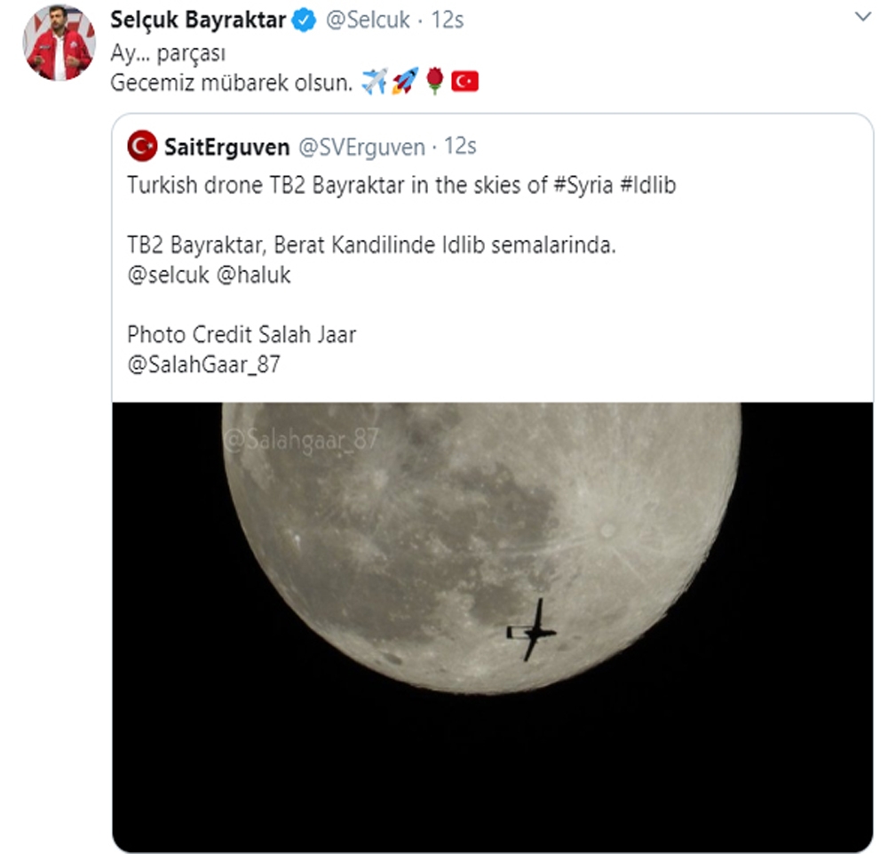 Bayraktar’dan İdlib semalarında dolunayla buluşan yerli İHA paylaşımı