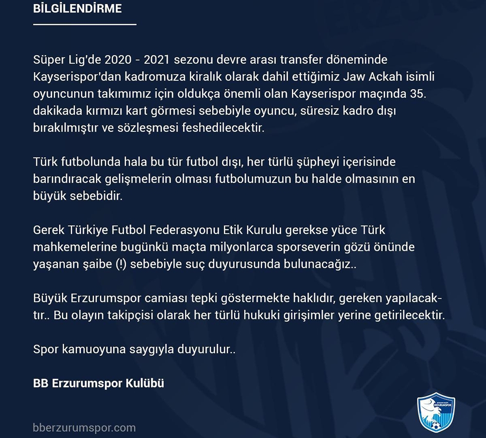 BB Erzurumspor Jaw Achka’yı süresiz kadro dışı bıraktı