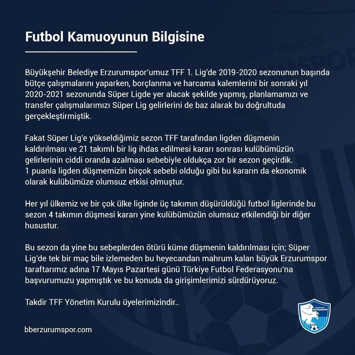 BB Erzurumspor küme düşmenin kaldırılması için TFF’ye başvuruda bulundu