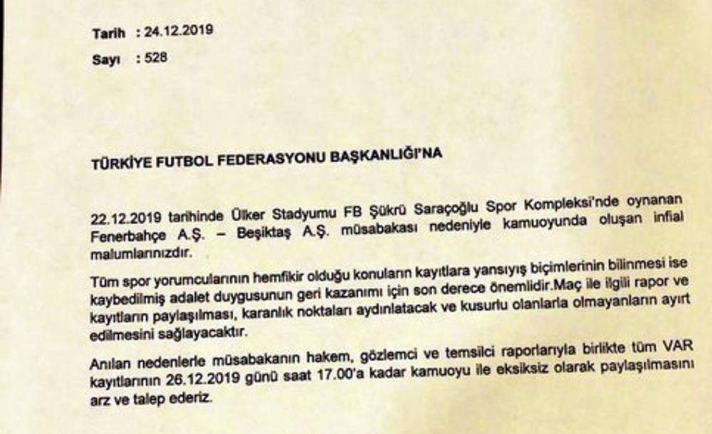 Beşiktaş, Fenerbahçe Derbisinin Var Kayıtlarının Açıklanması İçin Tffye Başvurdu