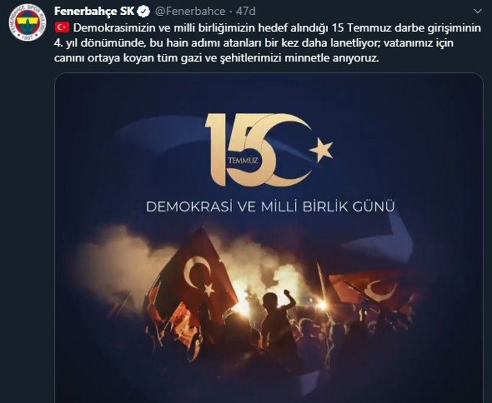 Beşiktaş, Fenerbahçe, Galatasaray ve Trabzonspor’dan, ’15 Temmuz Demokrasi ve Milli Birlik Günü’ mesajı