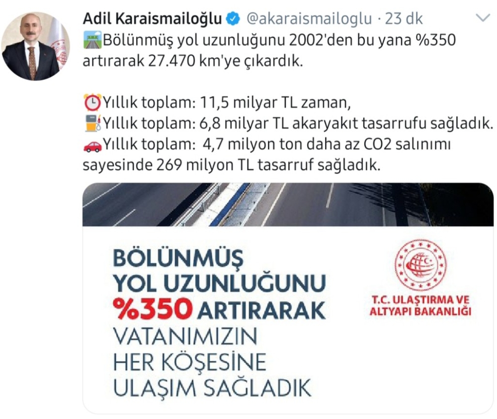 Bölünmüş yollar 18 yılda yüzde 350 kat arttı