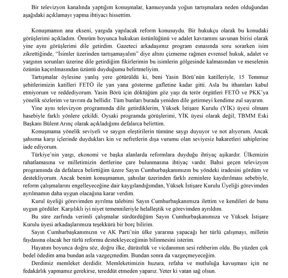 Bülent Arınç YİK üyeliğinden istifa etti