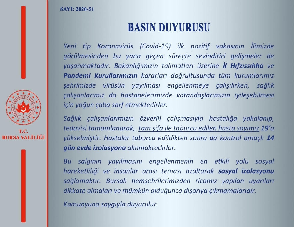 Bursa Valiliği: “Korona virüs tespit edilen 19 kişi taburcu oldu”