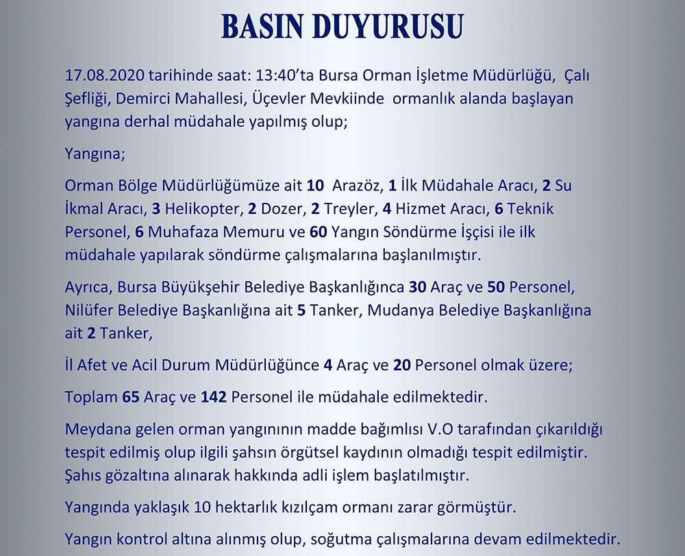 Bursa Valiliği’nden yangın açıklaması