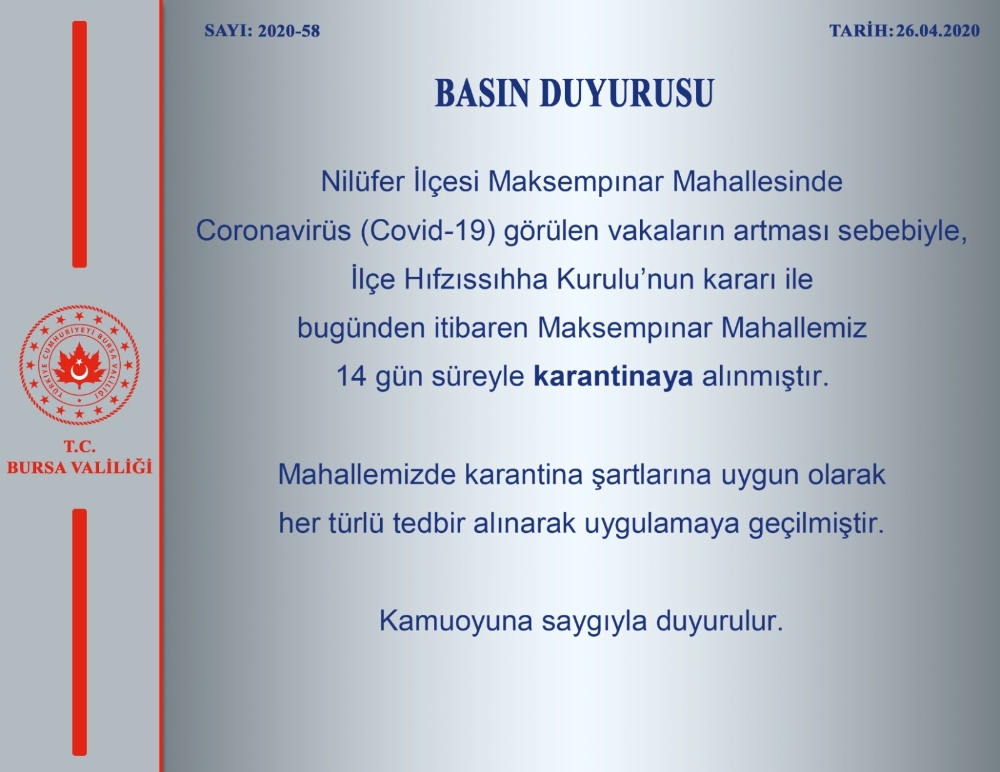 Bursa’da bir mahalle karantina altına alındı