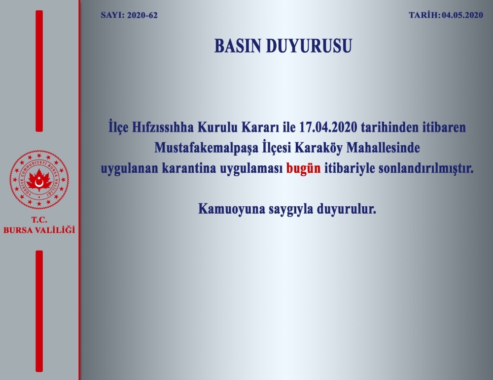 Bursa’nın Mustafakemalpaşa ilçesindeki karantina sonlandırıldı