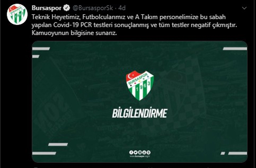 Bursaspor’un test sonuçları negatif