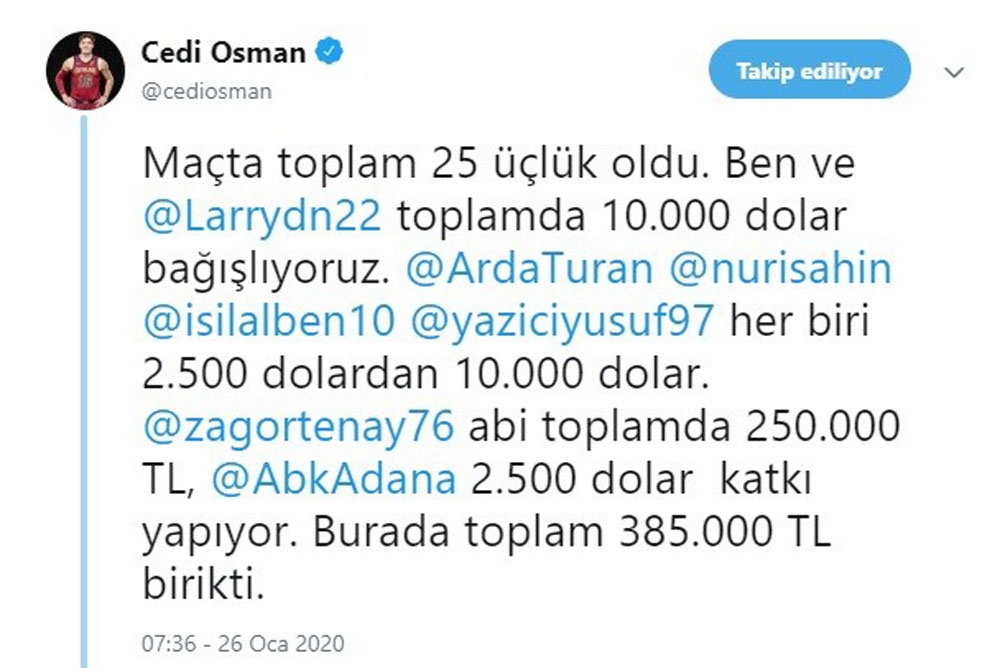 Cedi Osman’dan depremzedelere büyük destek
