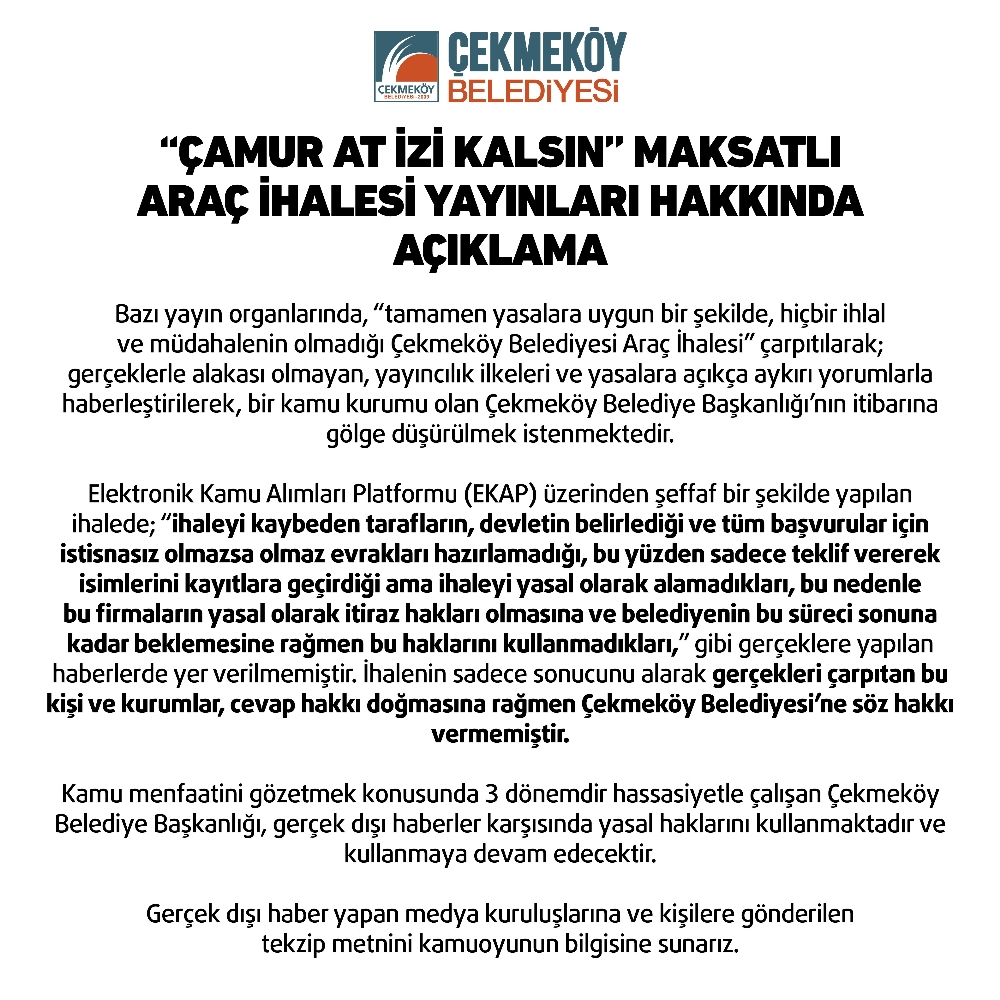 Çekmeköy Belediyesinden araç ihalesi yayınları hakkında açıklama