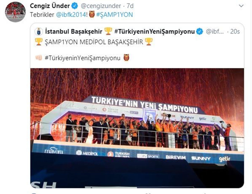 Cengiz Ünder’den Medipol Başakşehir’e tebrik