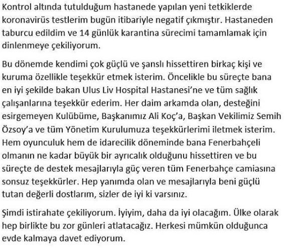 Cenk Renda’nın test sonucu negatif