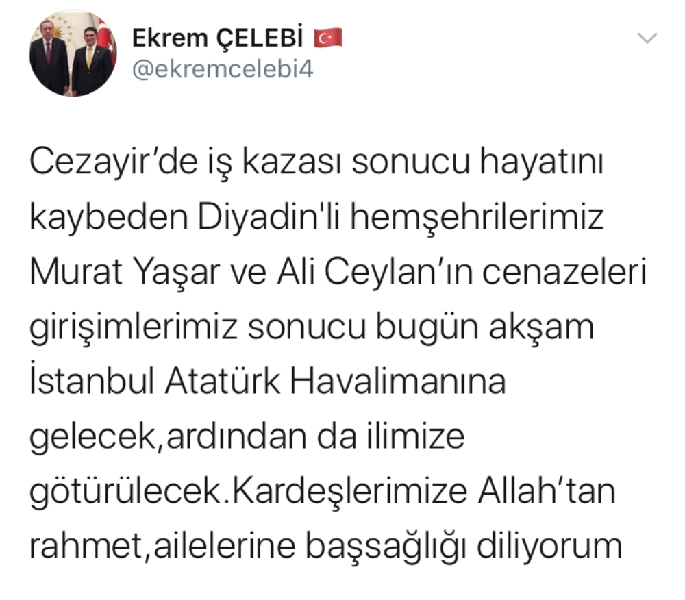 Cezayir’de hayatını kaybeden Türk vatandaşları Türkiye’ye getirildi
