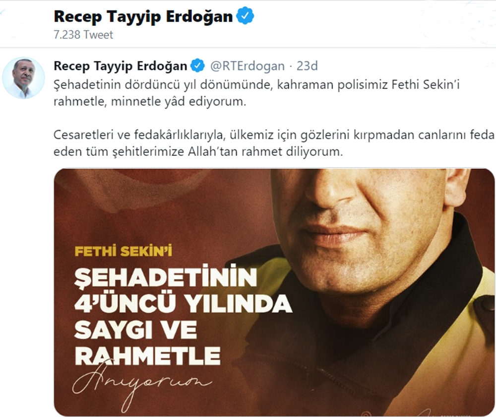 Cumhurbaşkanı Erdoğan, şehadetinin dördüncü yılında Fethi Sekin’i andı