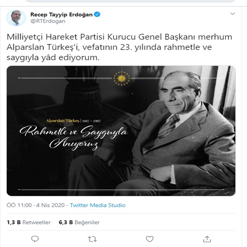 Cumhurbaşkanı Erdoğan’dan, Alparslan Türkeş paylaşımı