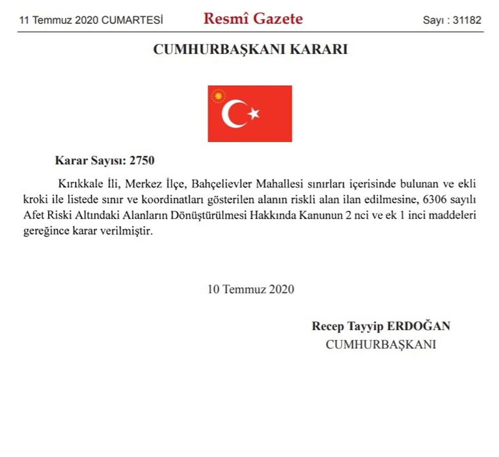 Cumhurbaşkanı Erdoğan’ın imzasıyla Kırıkkale’deki bir alan riskli bölge ilan edildi