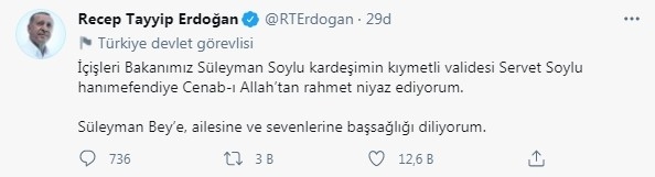 Cumhurbaşkanı Recep Tayyip Erdoğan’dan Süleyman Soylu’ya baş sağlığı paylaşımı