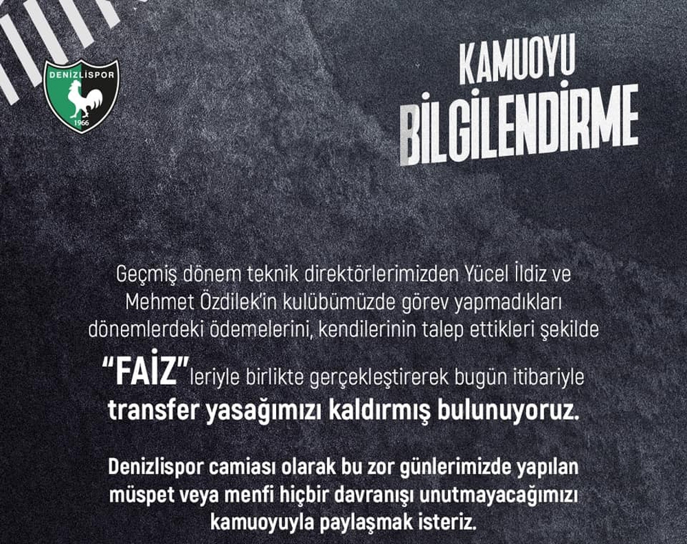 Denizlispor’un transfer yasağı sona erdi