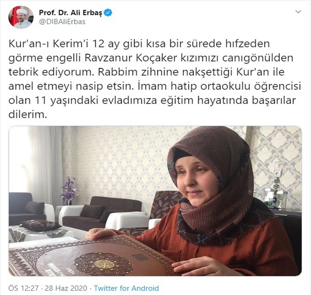 Diyanet İşleri Başkanı Erbaş’tan Kur’an-ı Kerim’i hıfzeden Koçaker’e tebrik mesajı