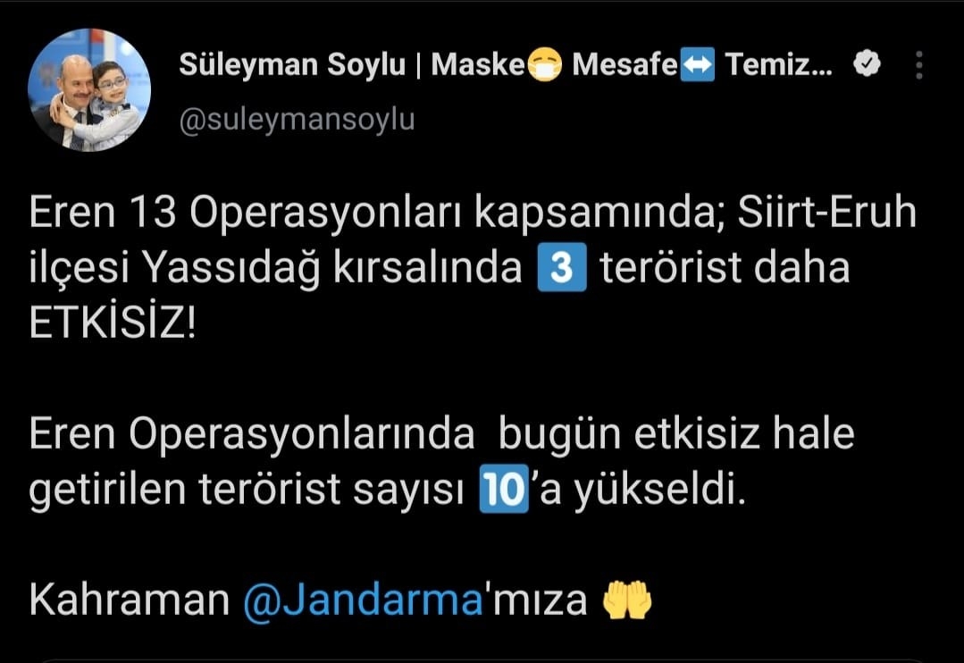 “Eren Operasyonlarında bugün etkisiz hale getirilen terörist sayısı 10’a yükseldi”