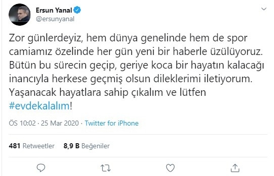 Ersun Yanal’dan ’evde kal’ çağrısı
