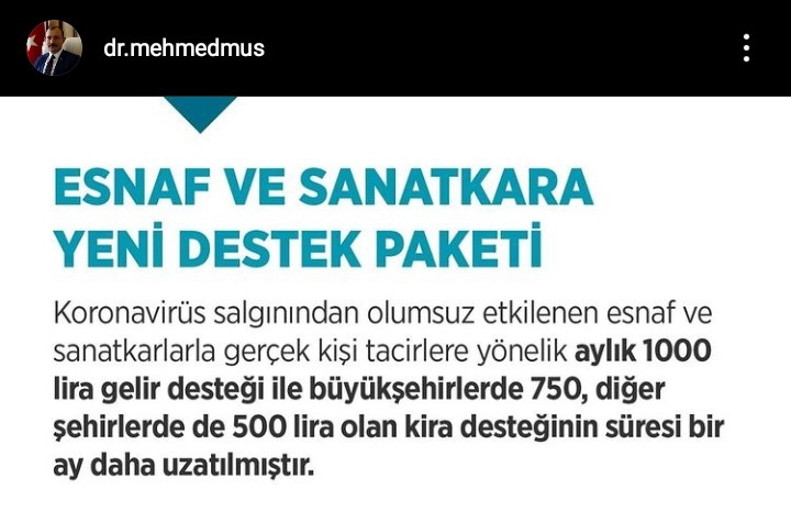 Esnaf ve sanatkarların, gelir desteği ve kira desteği süresi bir ay daha uzatıldı