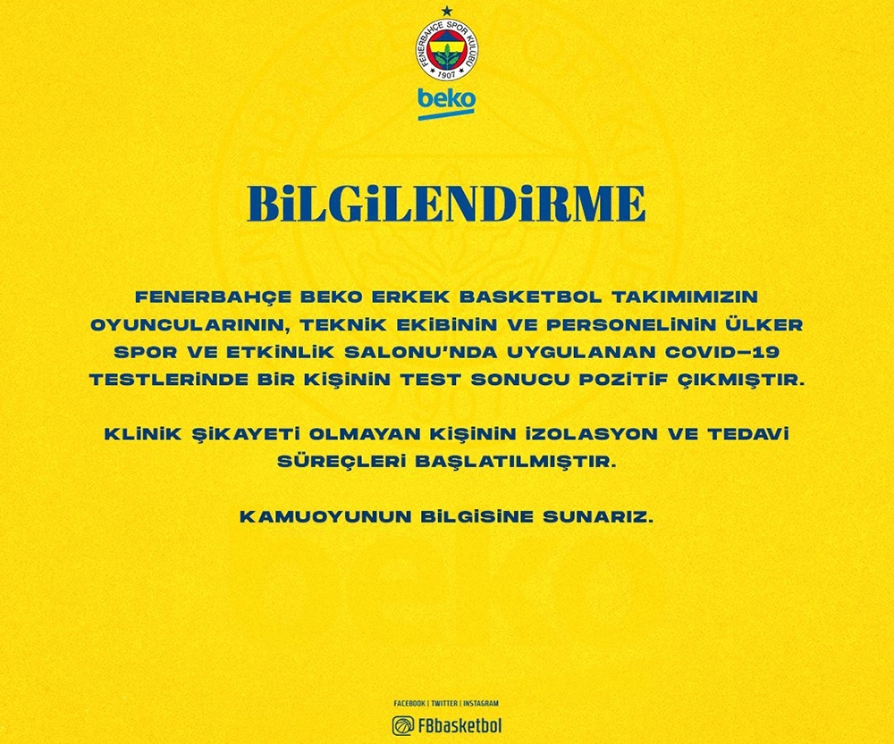 Fenerbahçe Erkek Basketbol Takımı’nda 1 kişinin testi pozitif çıktı