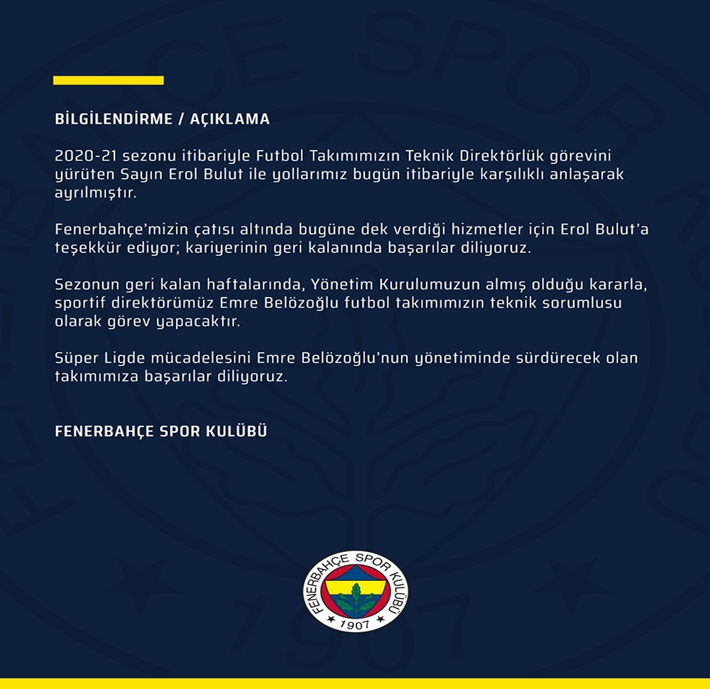 Fenerbahçe’de Erol Bulut dönemi sona erdi