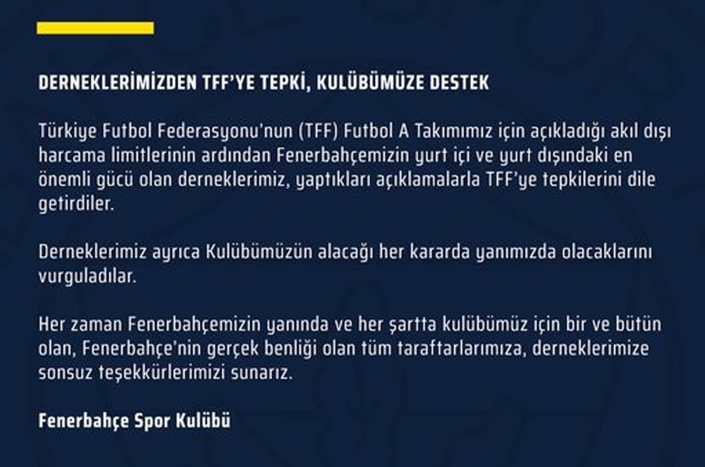 Fenerbahçe’den derneklere teşekkür