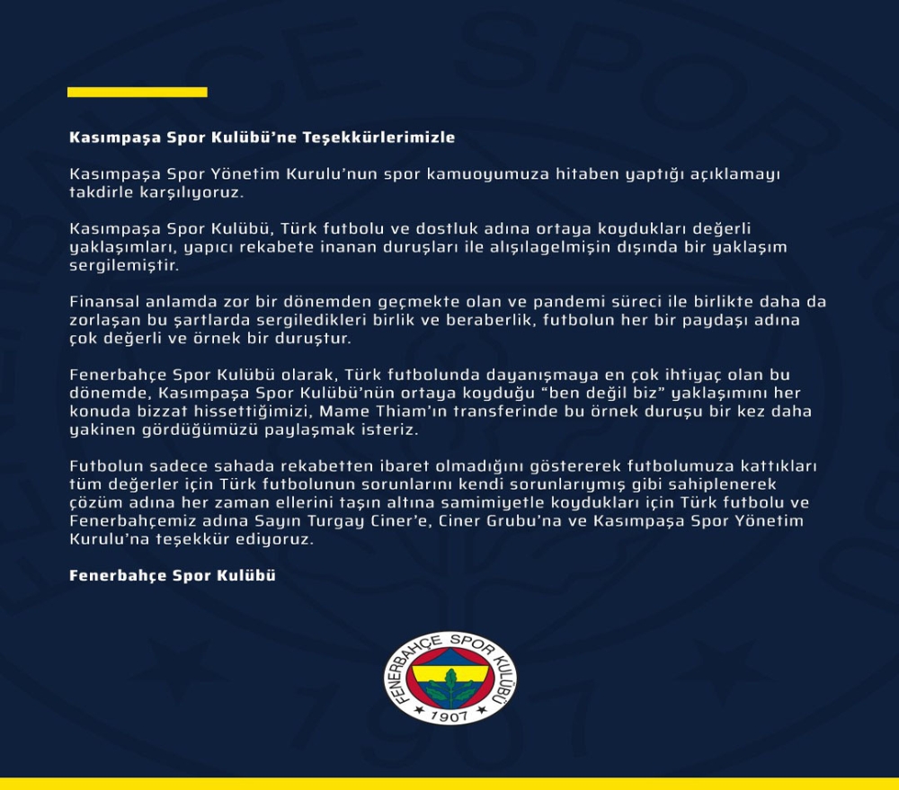 Fenerbahçe’den Kasımpaşa’ya teşekkür